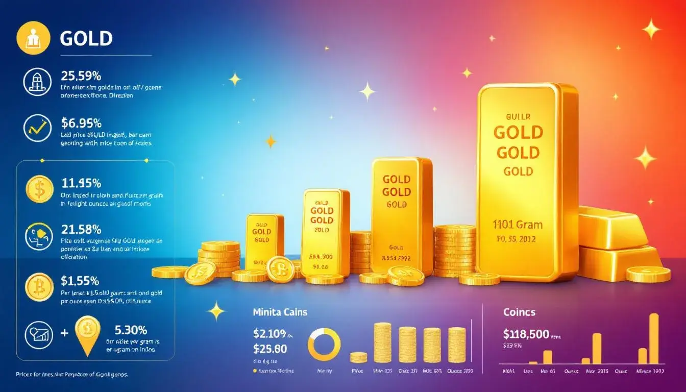 An image showing gold bars and coins along with their price per gram and ounce.