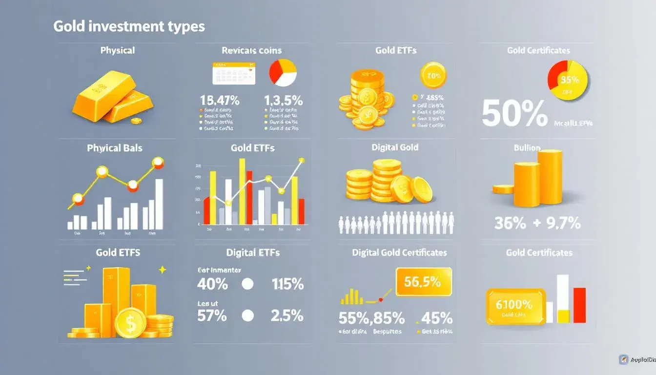 Different types of gold investments, including physical gold and ETFs.