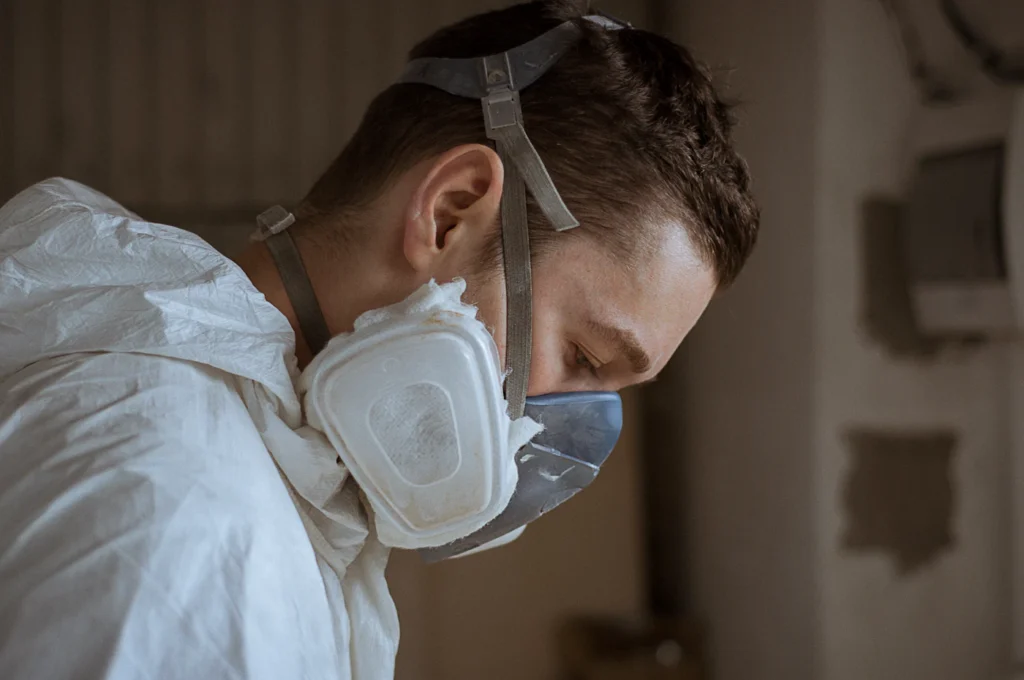 Worker in a protective coverall and respirator preparing for mold remediation