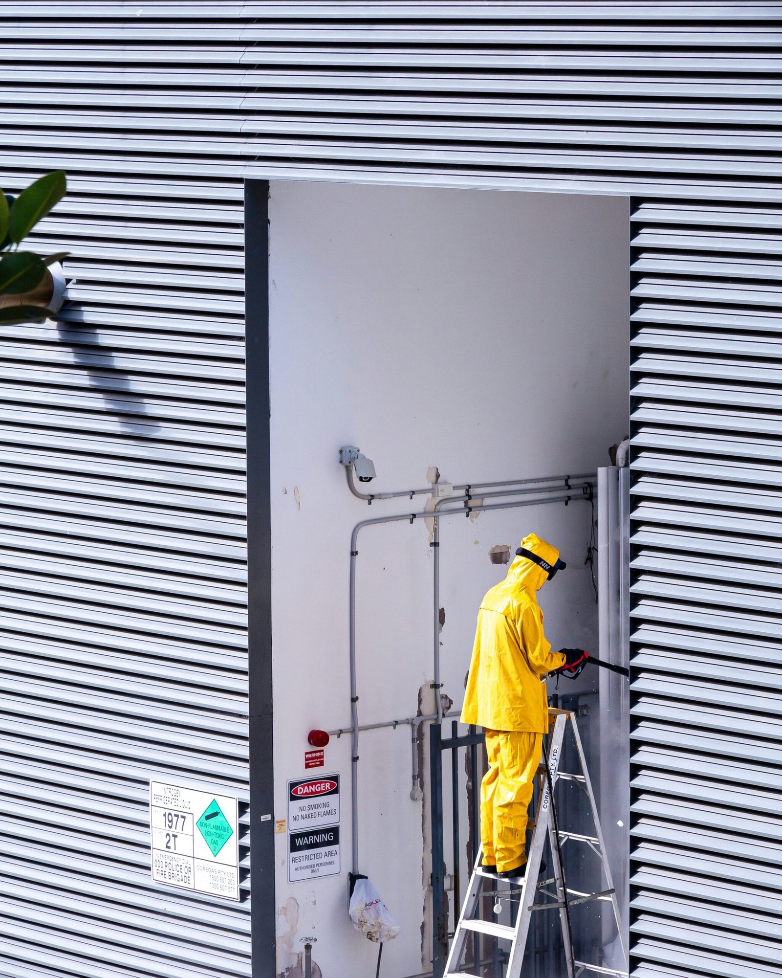 A technician in a protective yellow coverall, prepared for safe mold remediation work